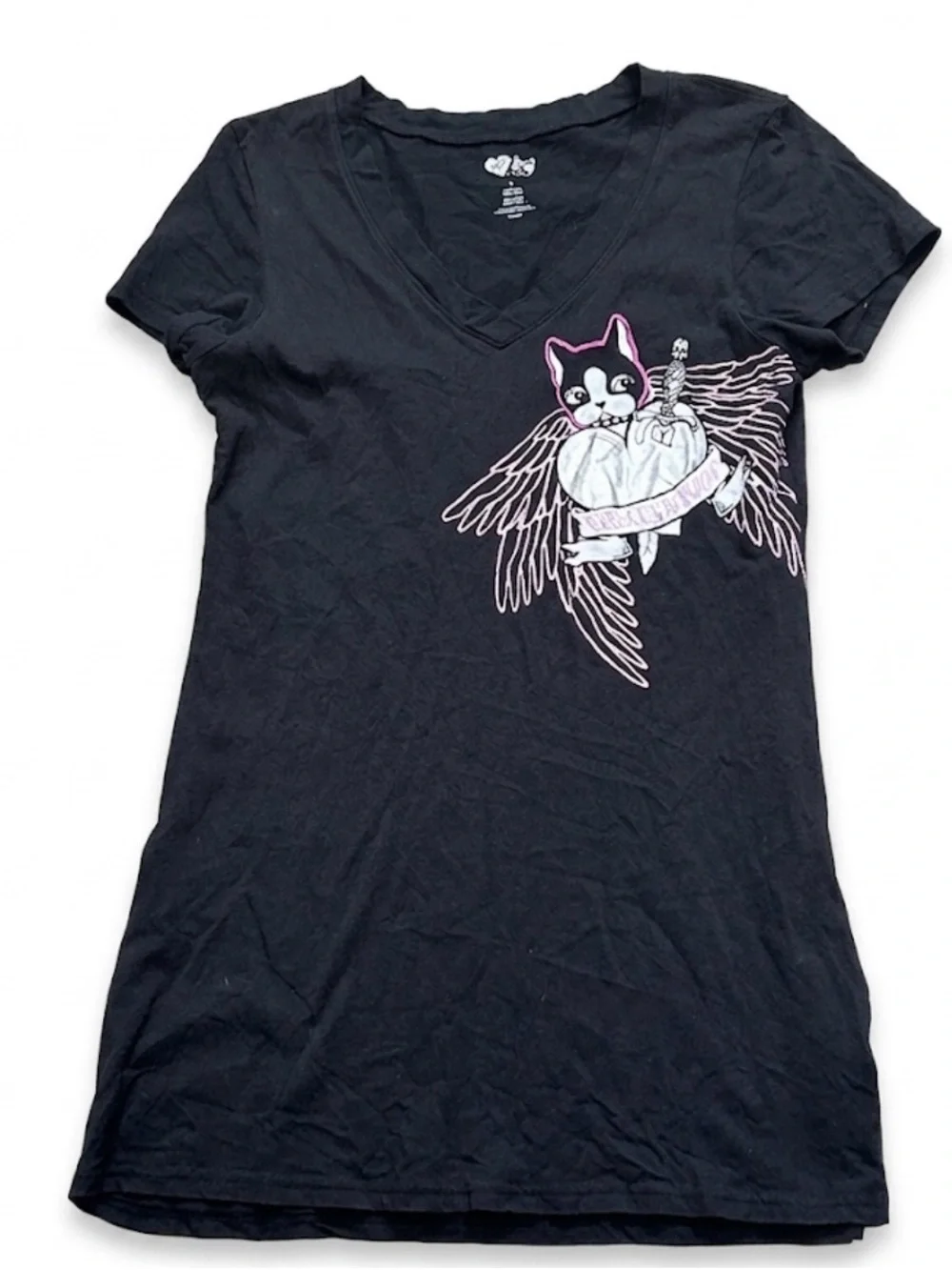 Vtg Rebecca Bonbon T-Shirt Dress Black Y2K Kawaii French Bulldog Graphic Large